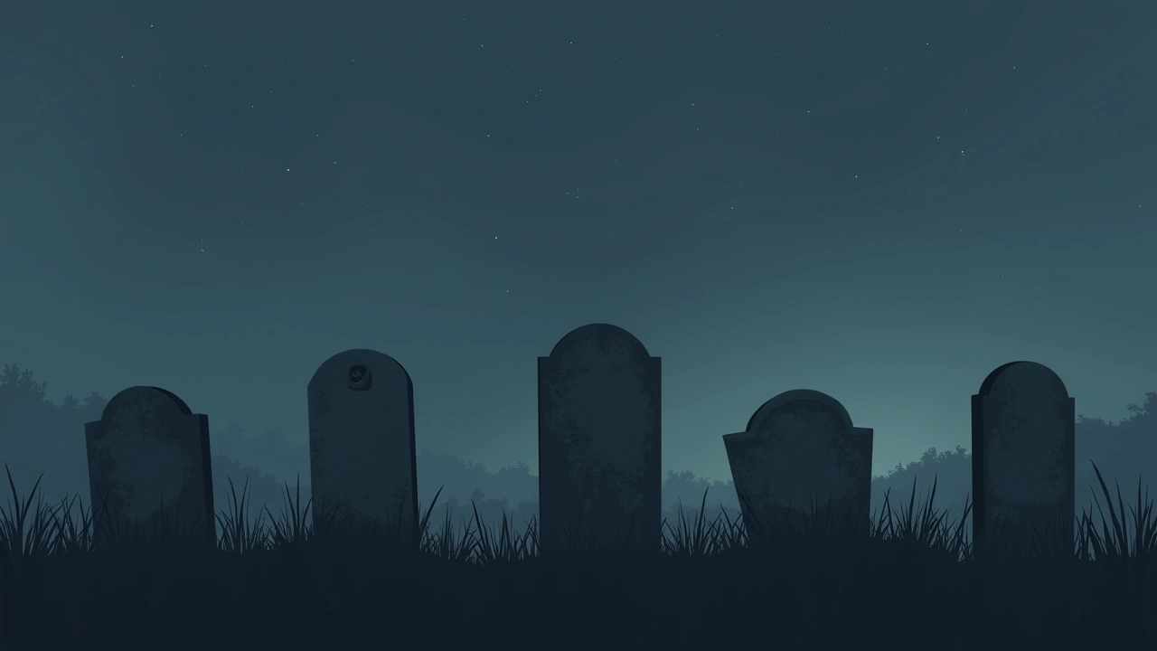 Illustration: a row of old, weathered gravestones under a night sky.