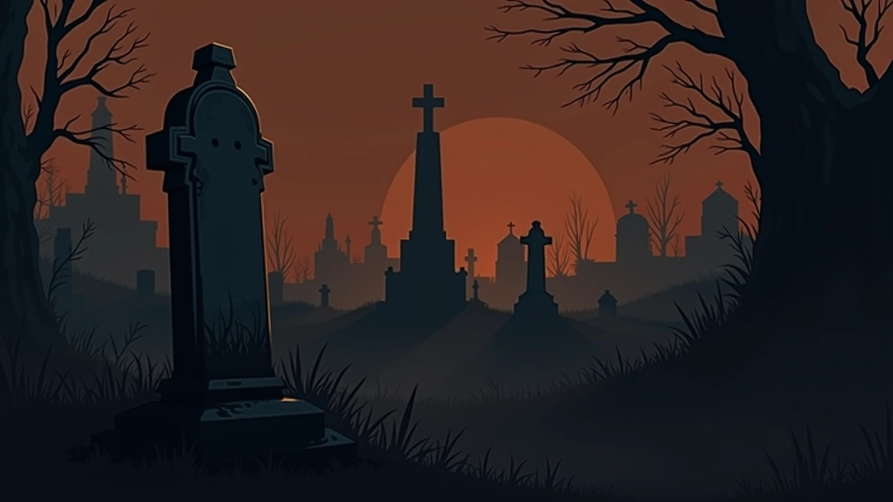Illustration: a weathered gravestone in a quiet cemetery at night.