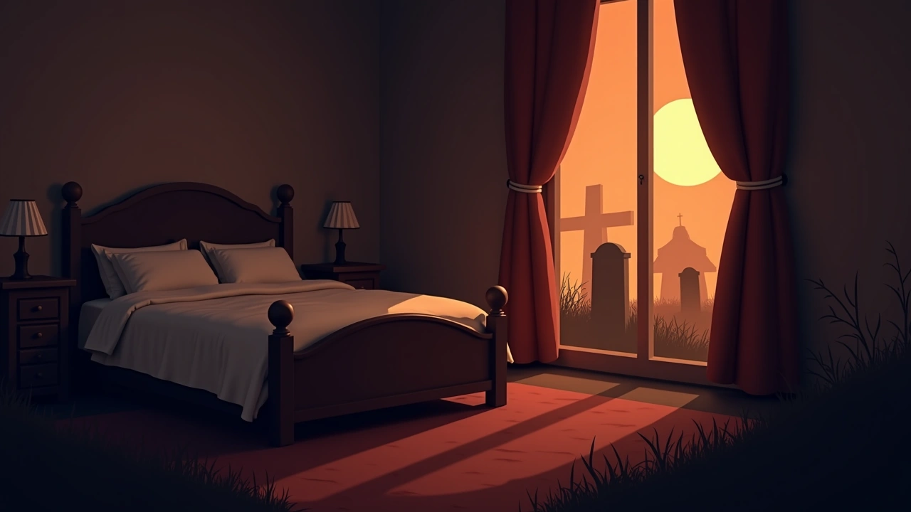 Illustration: a bedroom at night beside a quiet graveyard, moonlight through the curtains.