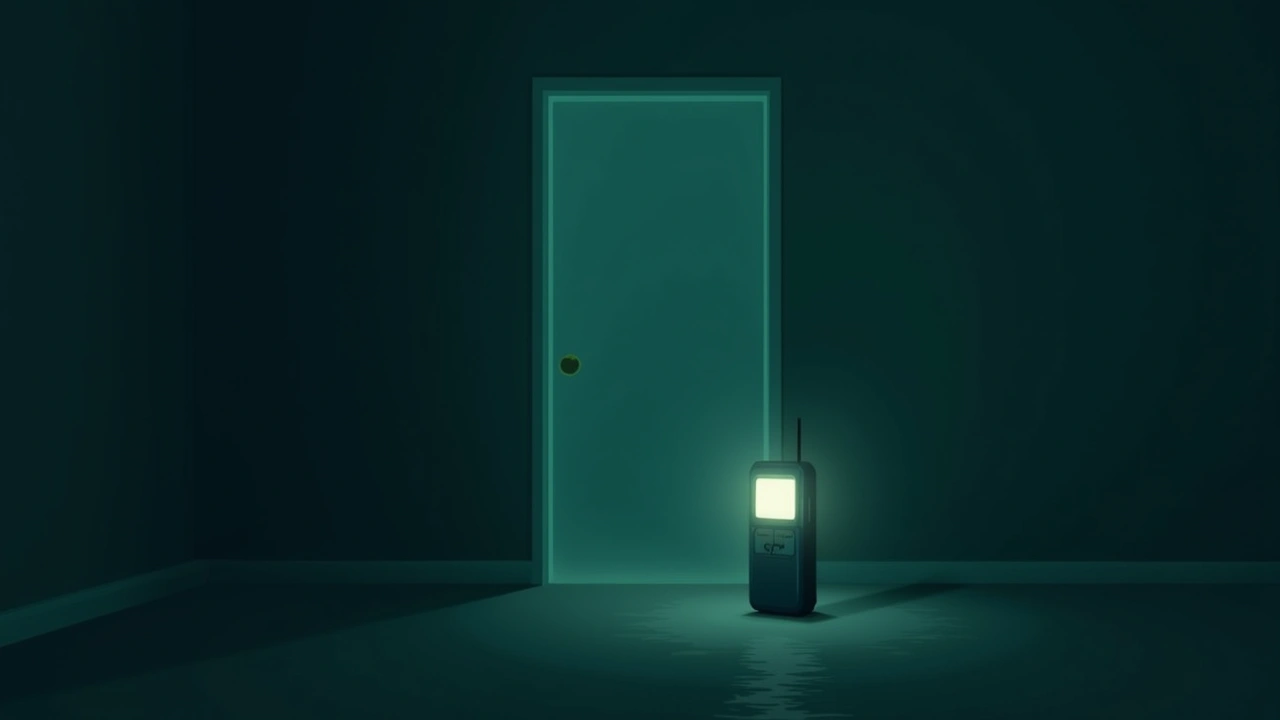 Illustration: a handheld EVP meter glowing and lighting up in a dim room.