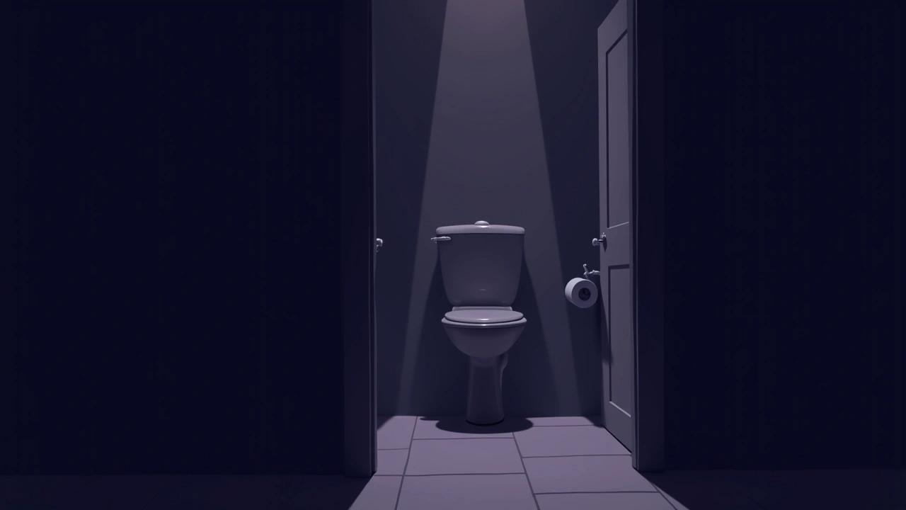 Illustration: a phone flashlight beam lighting a dark bathroom at night.