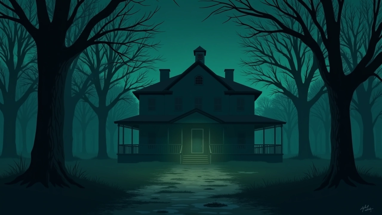 Illustration: old plantation house grounds at dusk, weathered ground beneath bare trees.