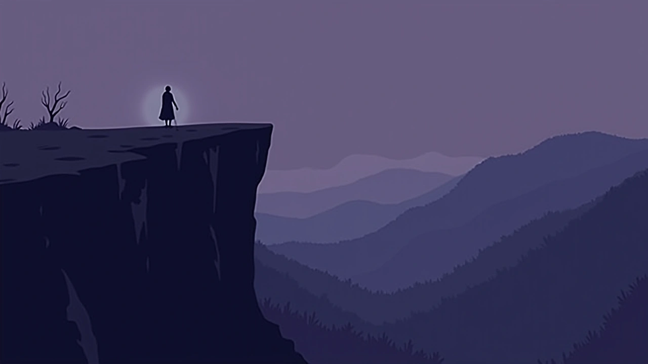 Illustration: a rocky cliff edge overlooking a wide valley.