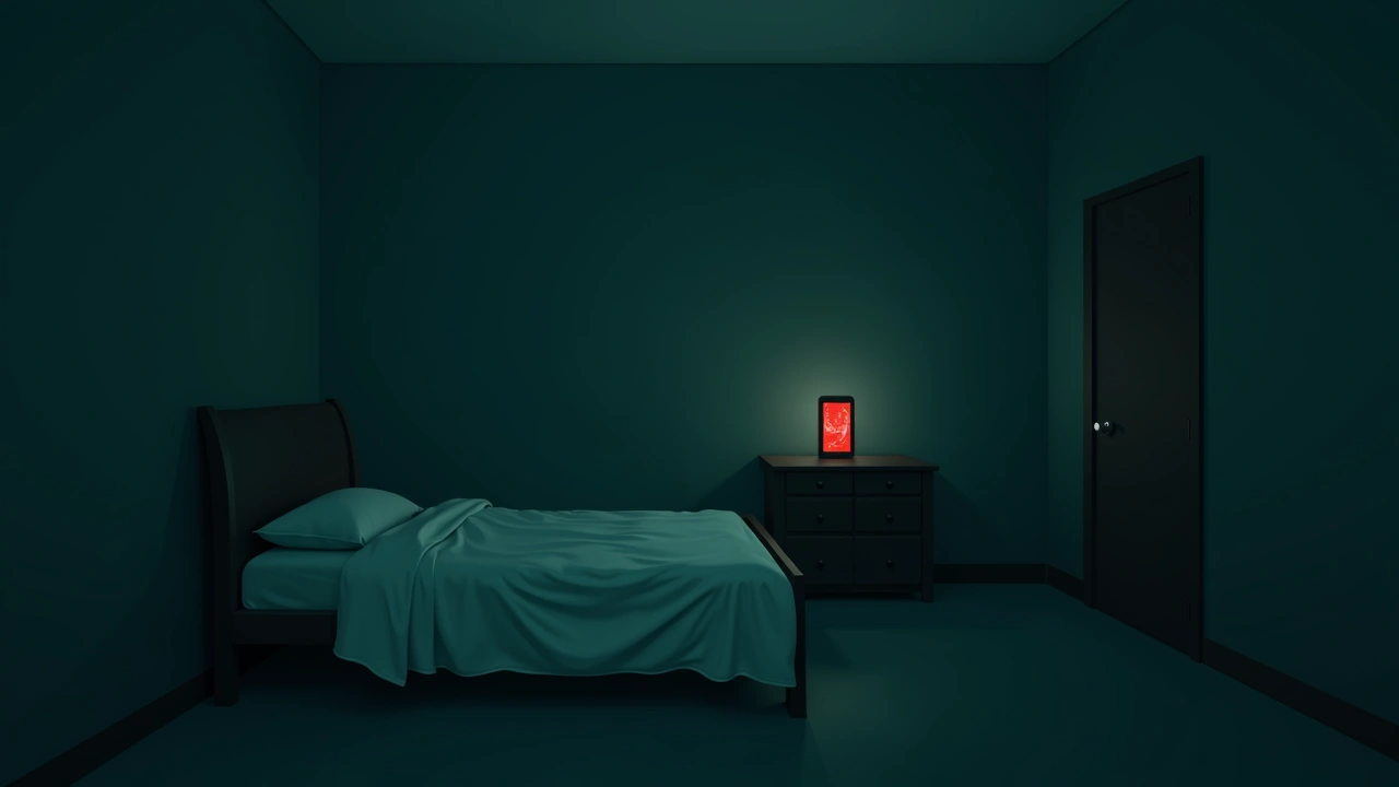 Illustration: A darkened bedroom lit only by a phone screen glowing red, cracked glass catching the light.