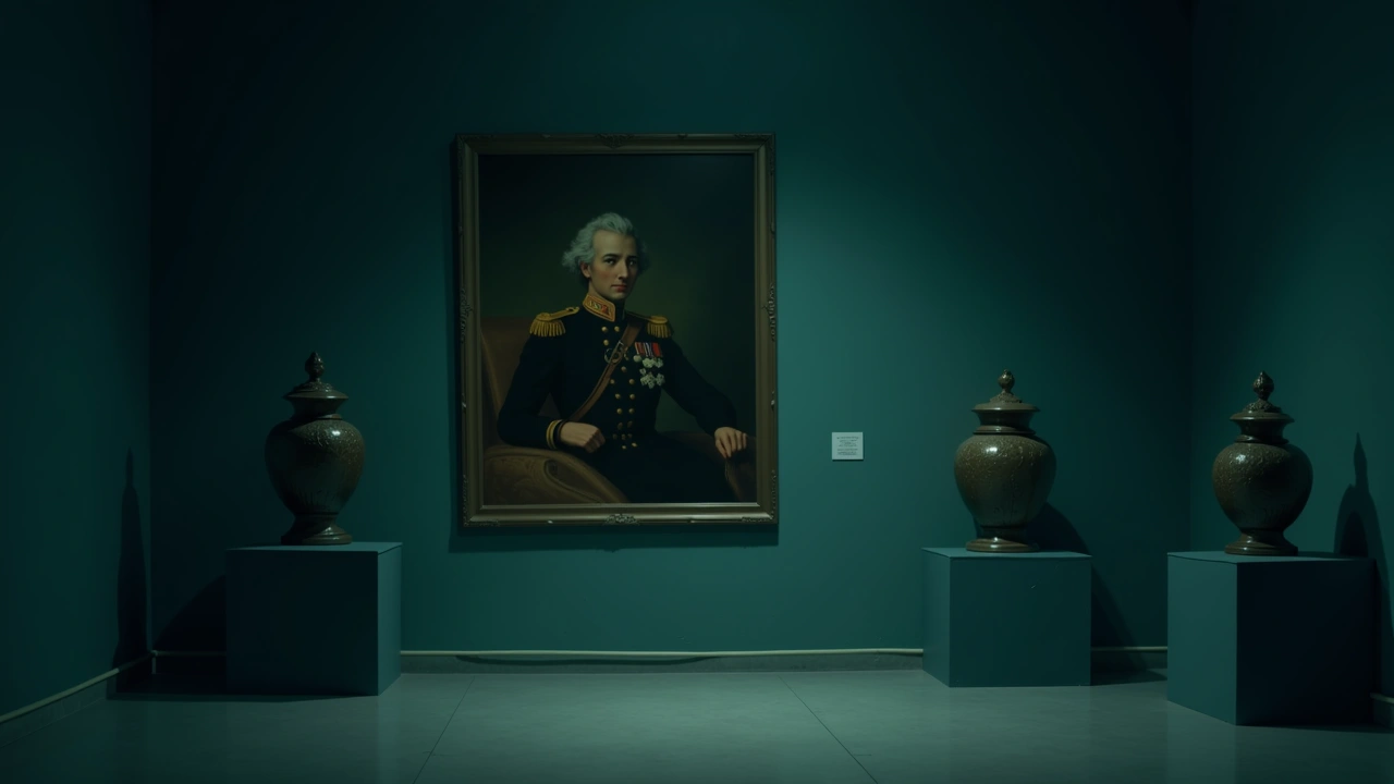 Illustration: a dim museum hall with ceremonial urns on display and a large framed antique military painting on the wall.