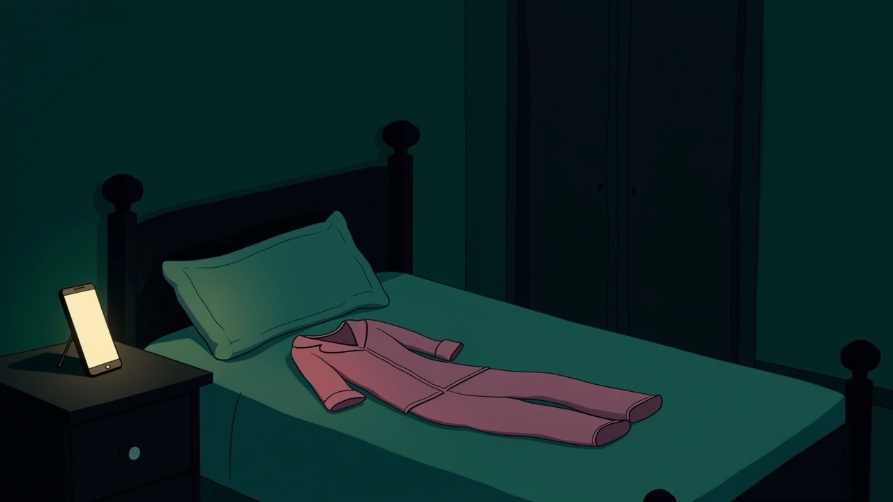 Illustration: a dim bedroom at night with pink pajamas laid across a bed, a phone glowing on the nightstand.