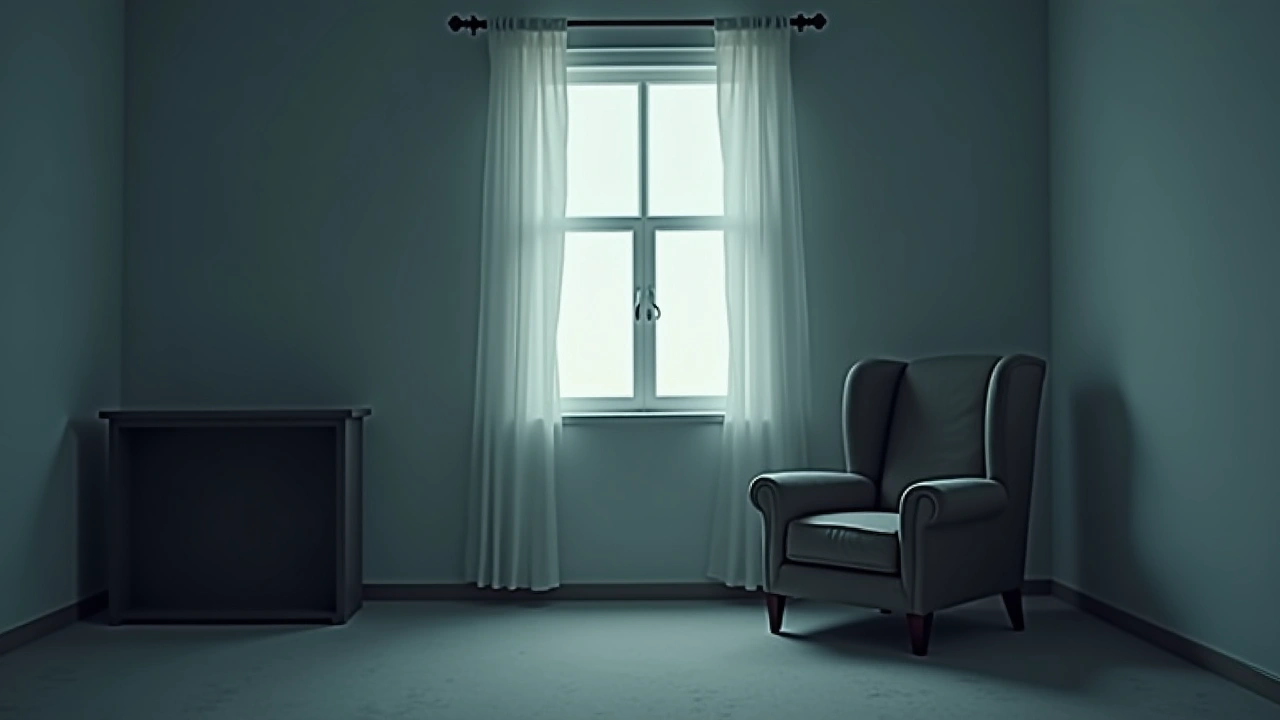Illustration: a quiet bedroom with an empty armchair by the window, softly lit.