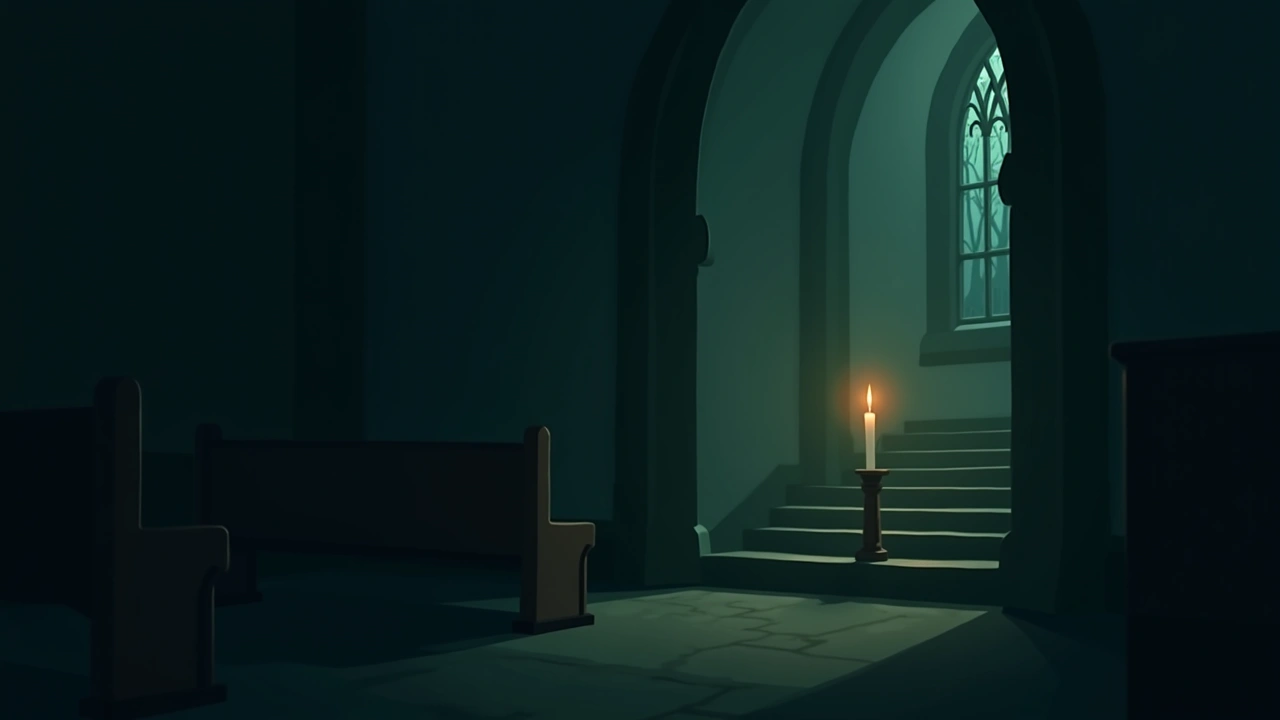 Illustration: a single lit candle glowing in a quiet, empty church.