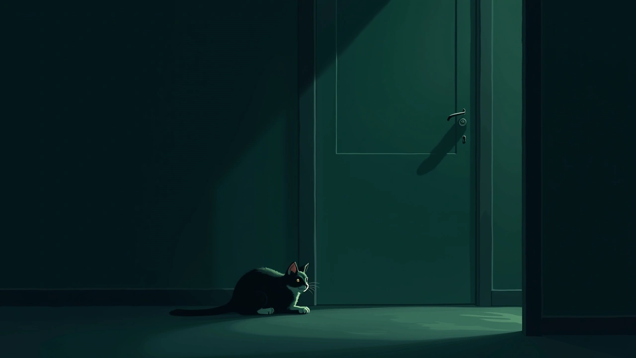 Illustration: A cat crouched low, watching shadows in a dim, empty room.