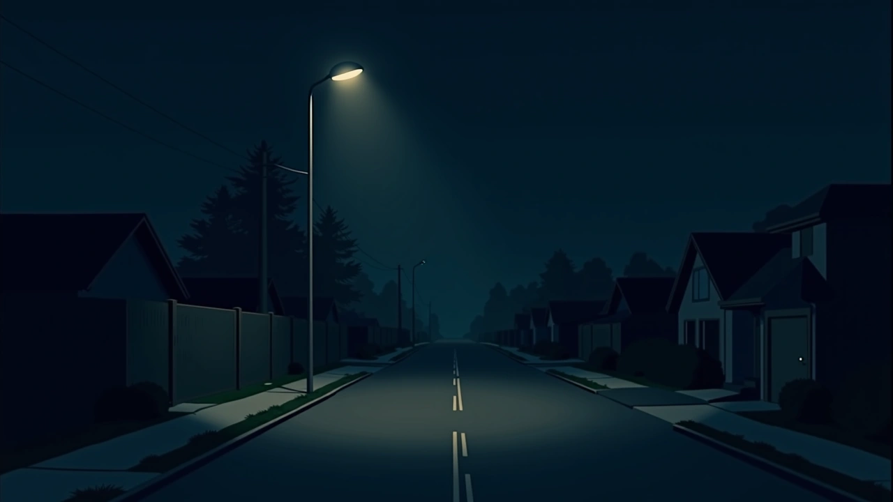 Illustration: A quiet residential street at night with a single streetlight and an empty road stretching into darkness.