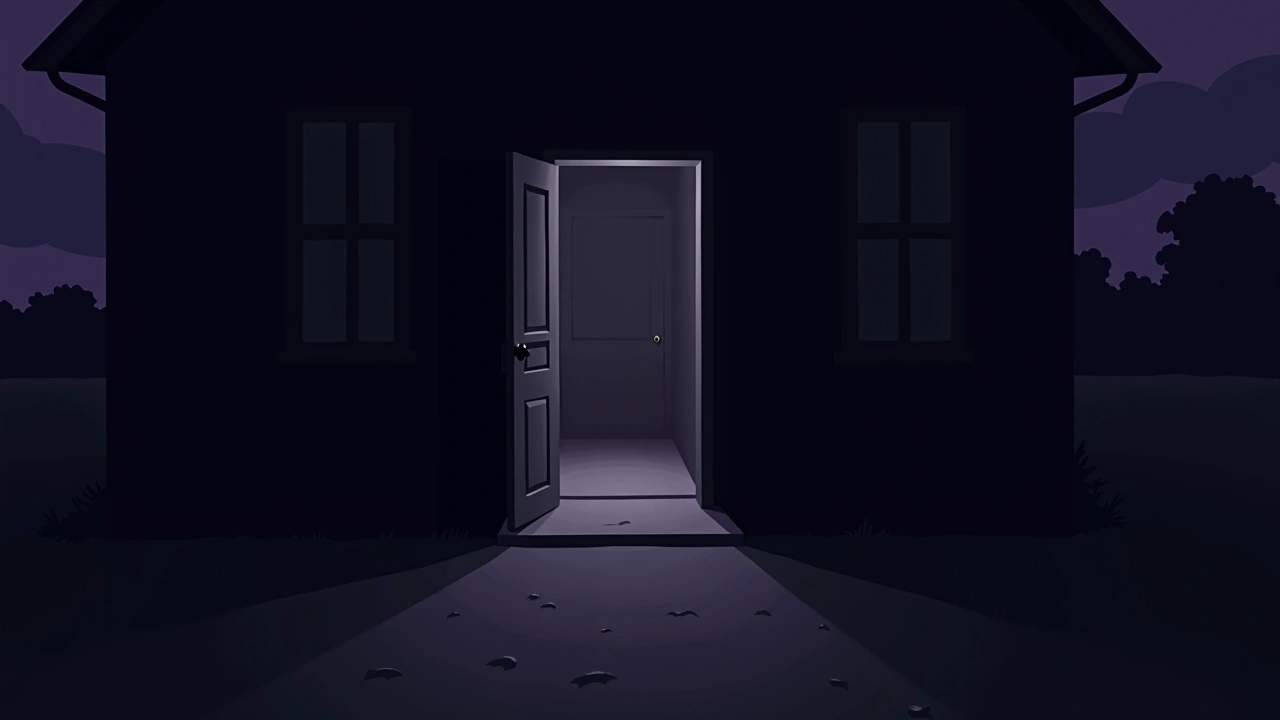 Illustration: a dark porch at night seen from just inside an open doorway.