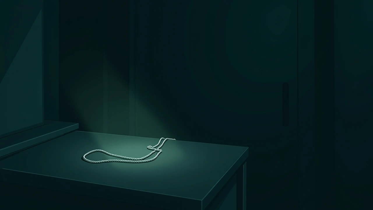 Illustration: a thin silver necklace lying on a dark bedside table in a dim bedroom.