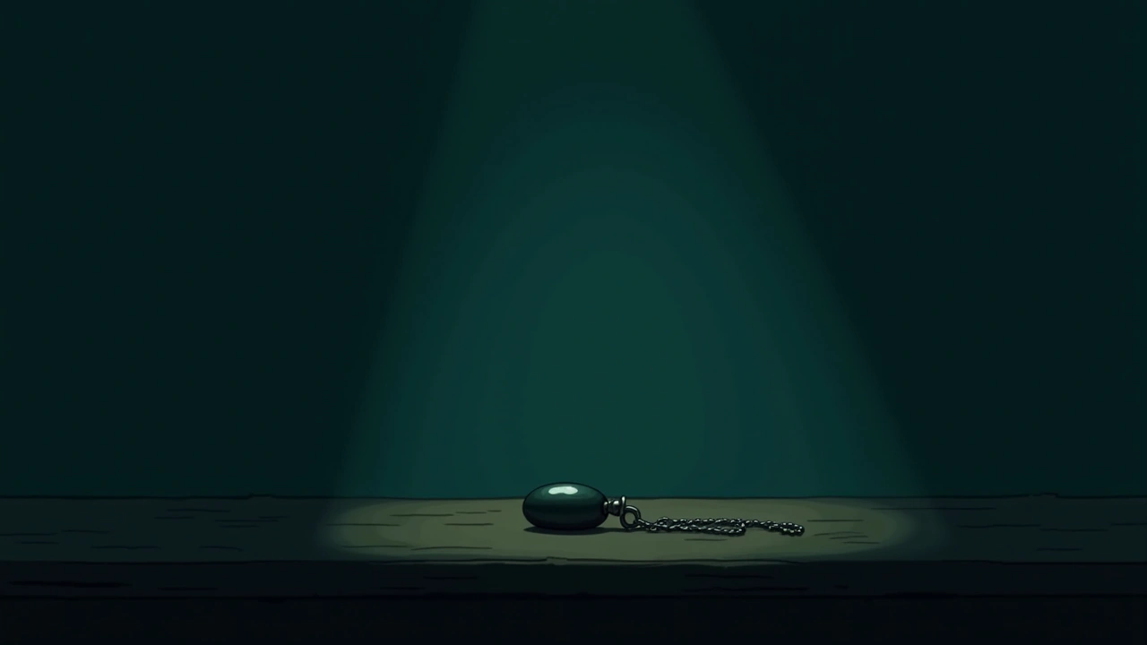 Illustration: a dark pendant necklace lying on a wooden table in dim lamplight.