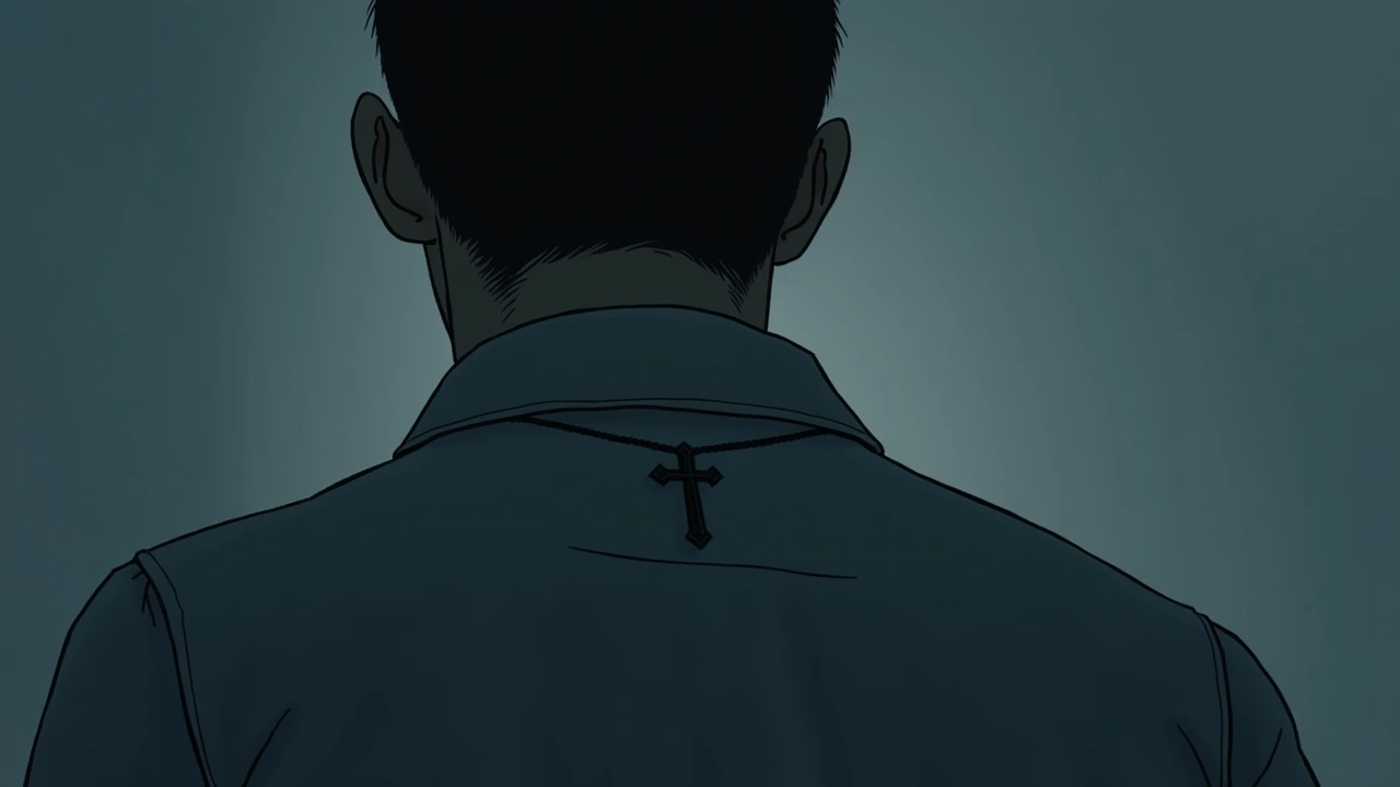 Illustration: a small cross necklace resting against the back of a shirt collar instead of the front.