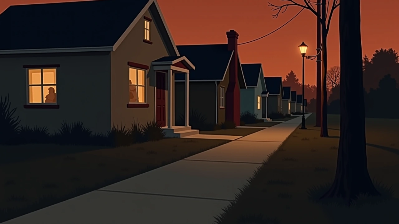 Illustration: An empty sidewalk in front of a modest house at dusk, quiet and still.