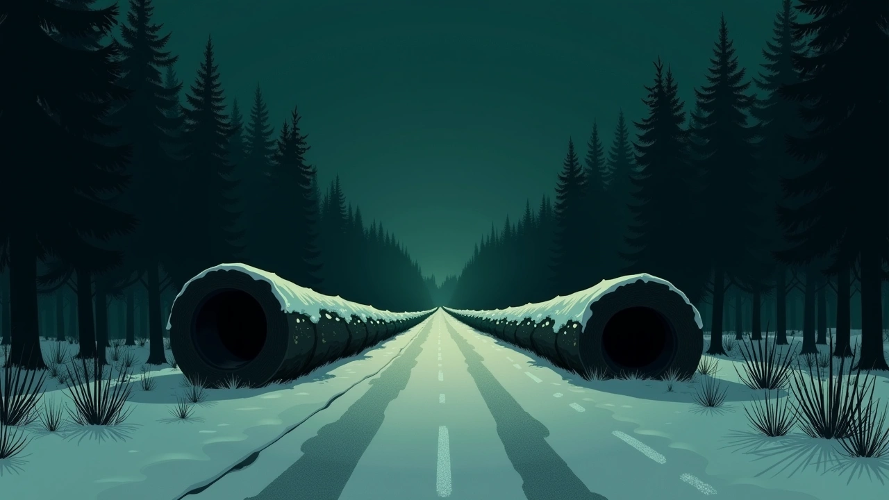 Illustration: a snow-covered back road at night with two huge fallen trees blocking the way.