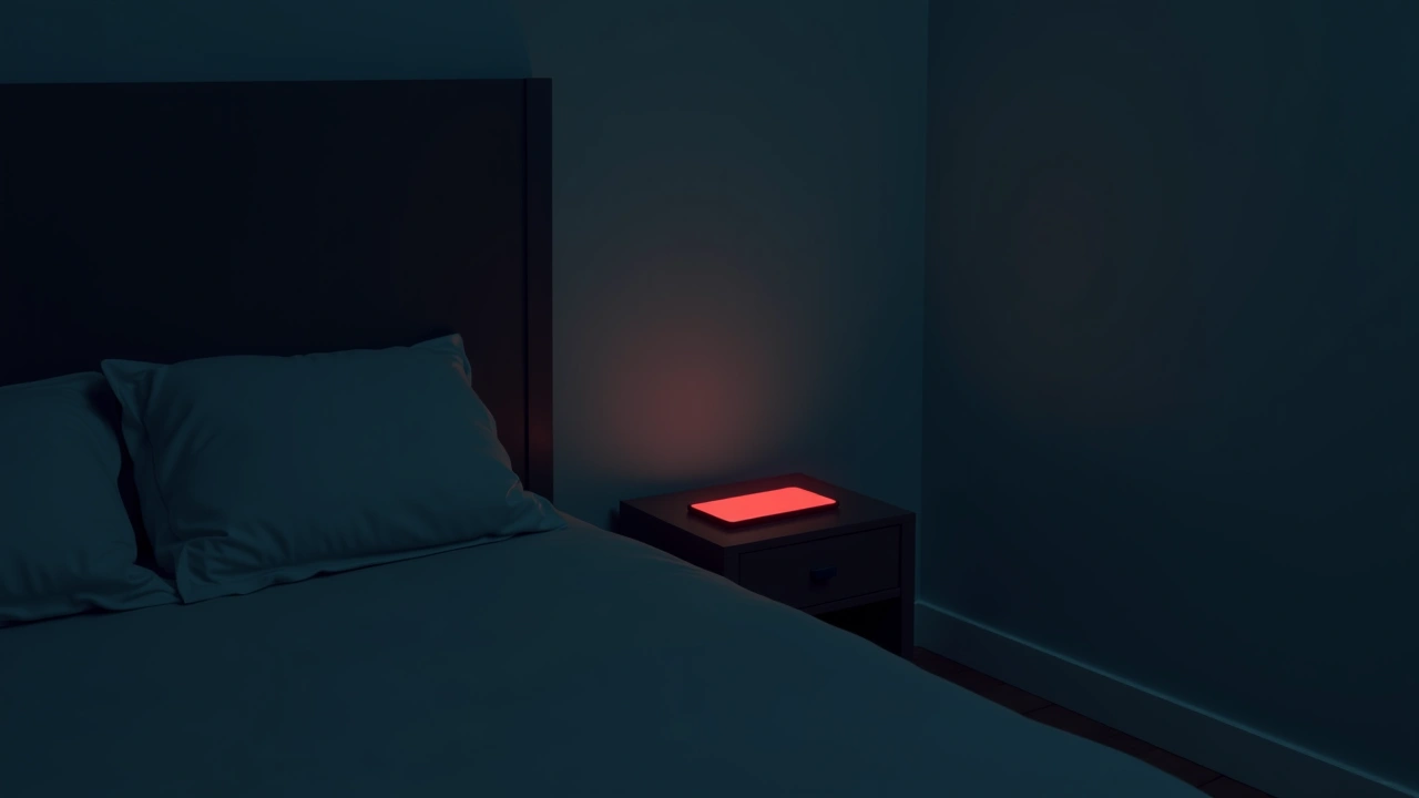 Illustration: a phone screen glowing deep red on a nightstand in a dark bedroom.