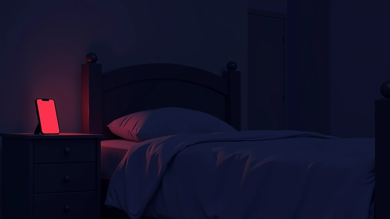 Illustration: a dark bedroom at night, a phone screen glowing red on the nightstand.