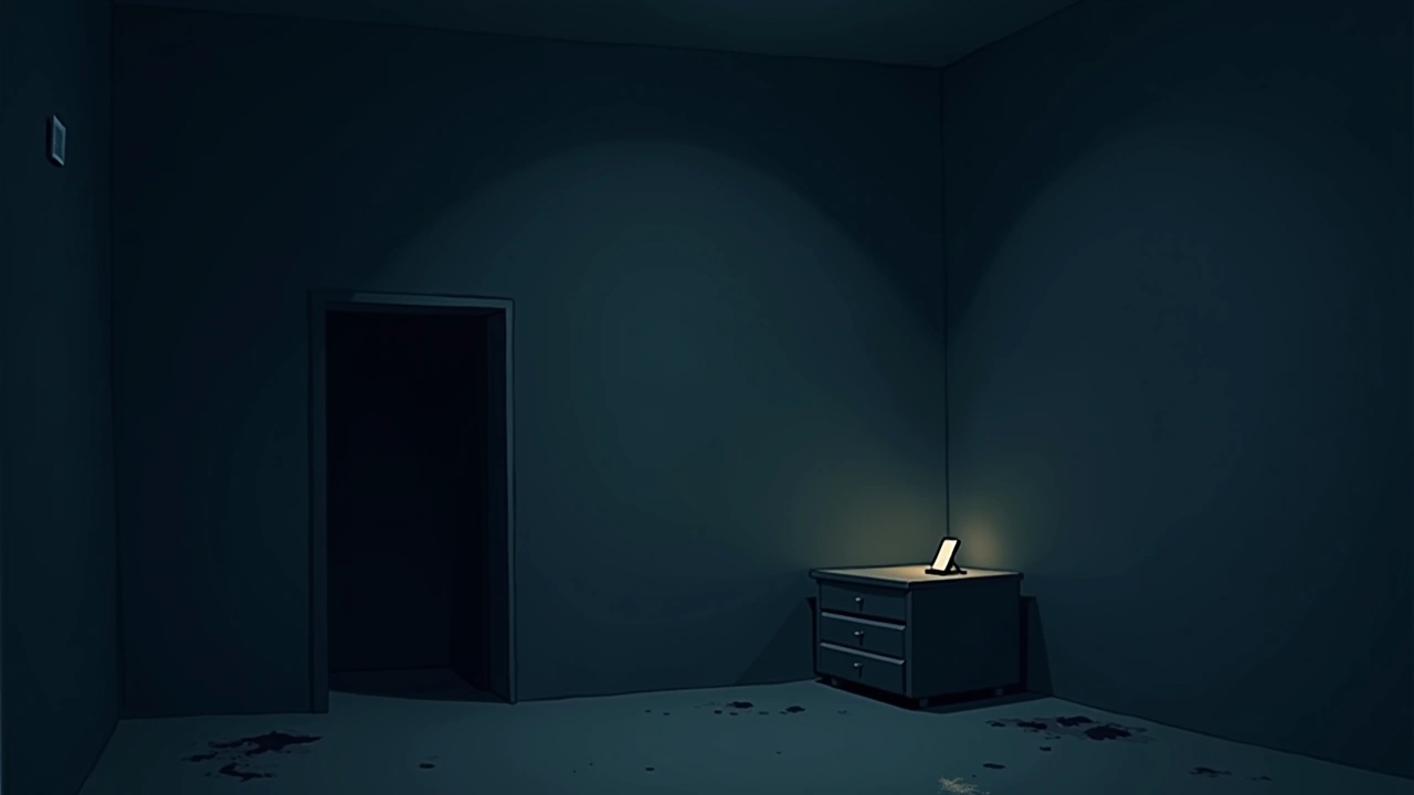 Illustration: a sparse, dimly lit shelter room at night, a single phone glowing on a nightstand.
