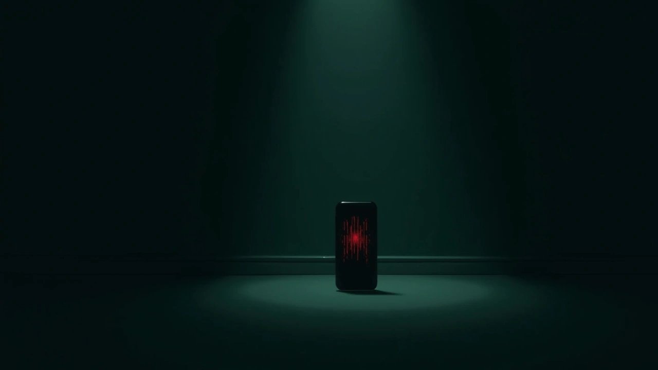 Illustration: a smartphone screen glitching with red static in a dark room.
