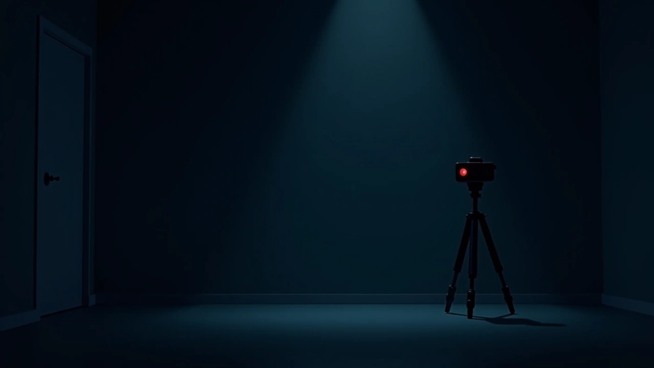 Illustration: a dim room set up for a night vigil, a depth-sensor camera on a small tripod.