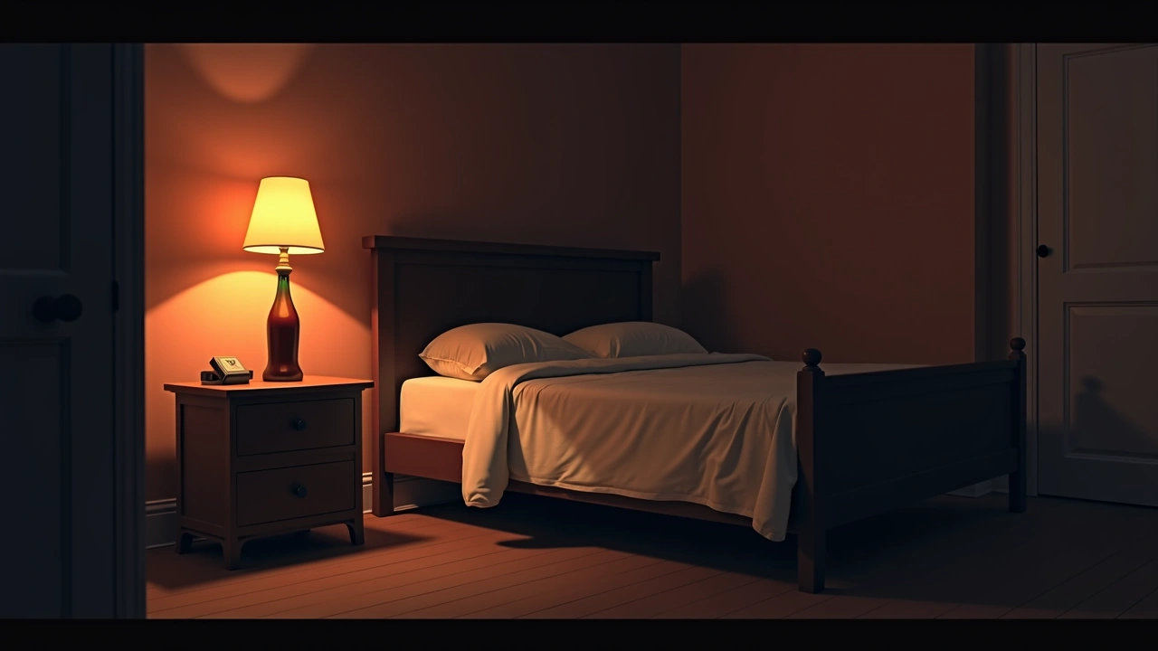 Illustration: a bedroom with flickering lights and an unopened soda bottle on a nightstand.