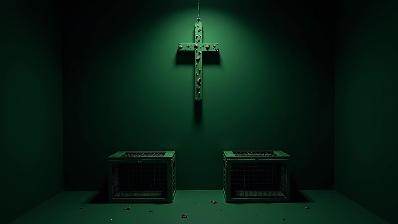 Illustration: a green cross covered in small metal milagros hanging above two dog crates in a dim room.