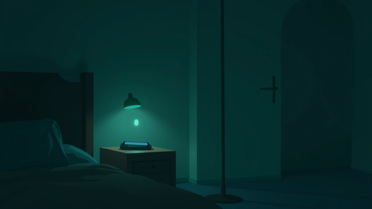 Illustration: a phone lying on a nightstand in a dim bedroom.