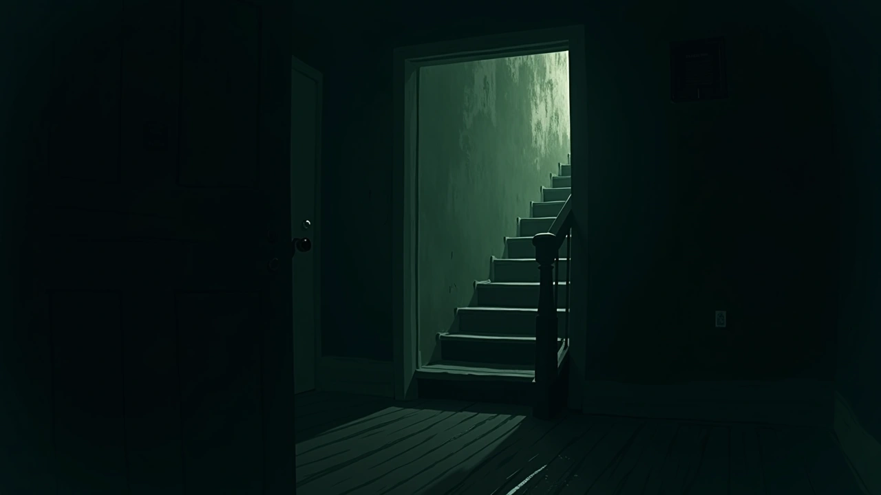 Illustration: a dark staircase leading down into an old 1920s house at night.