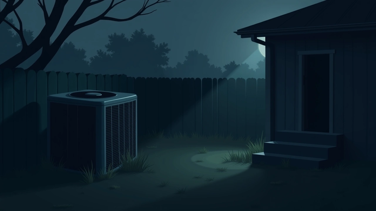 Illustration: a quiet backyard at dusk near a home air conditioning unit.
