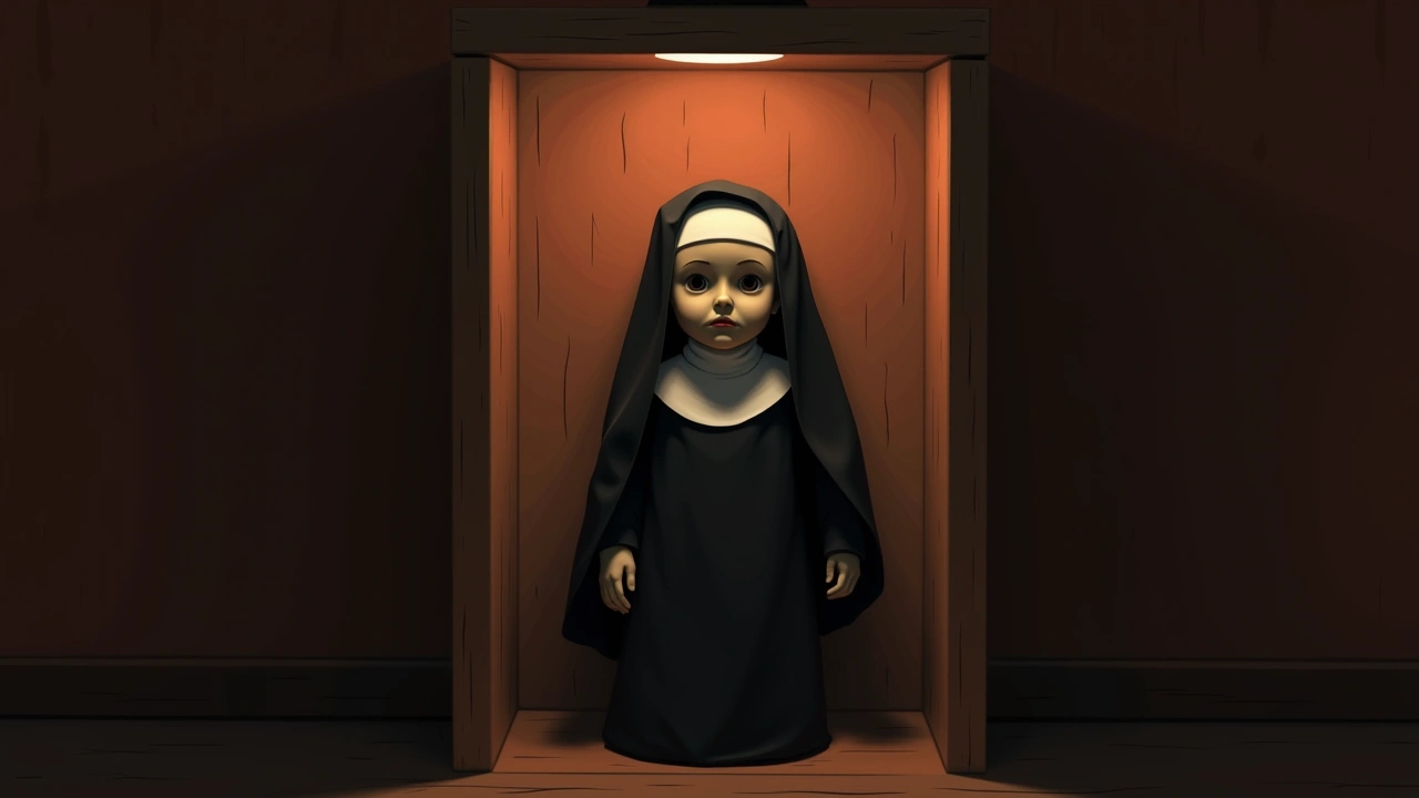 Illustration: a haunted-looking nun doll displayed in a glass-fronted cabinet, dimly lit.