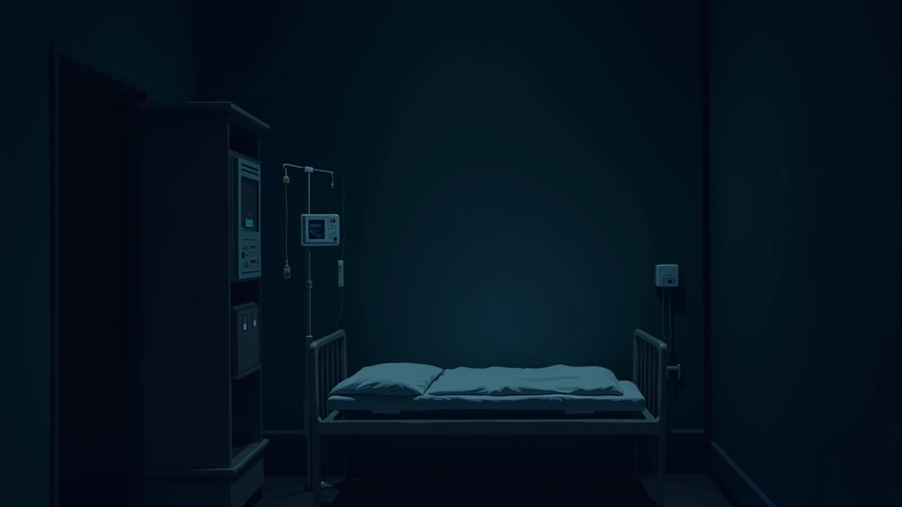 Illustration: a hospital room at night, an IV stand beside an empty bed.