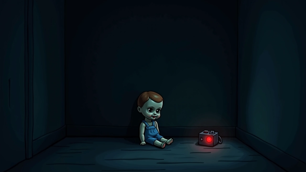Illustration: An antique doll seated in a dim room, a small device glowing red beside it.