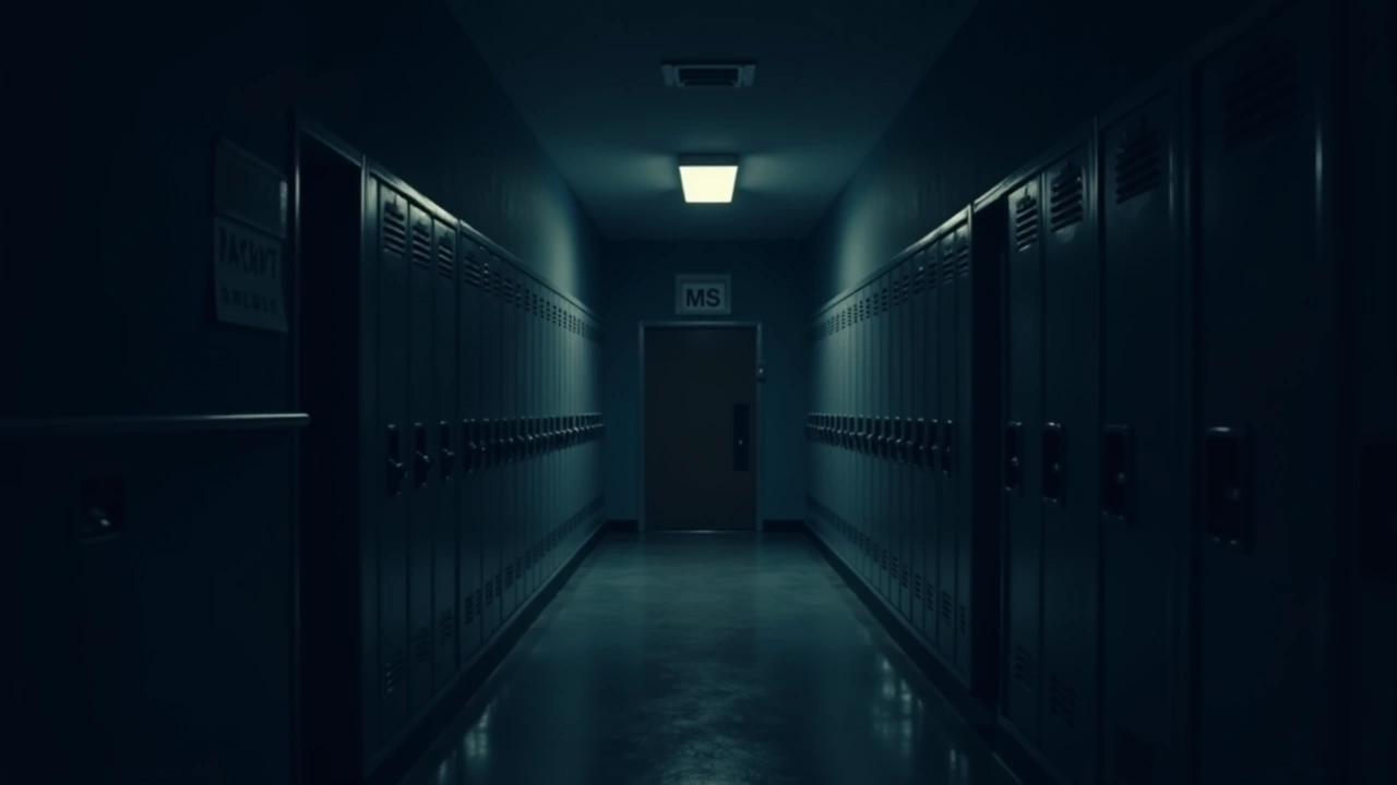 Illustration: a dark, empty school locker room hallway lit by a single flickering light.