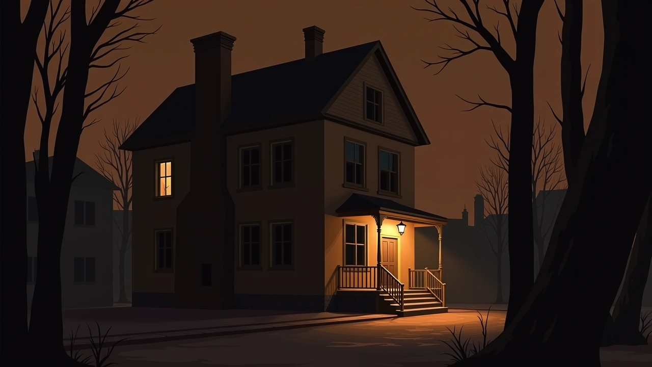 Illustration: A converted apartment building inside a century-old house, dimly lit at night.