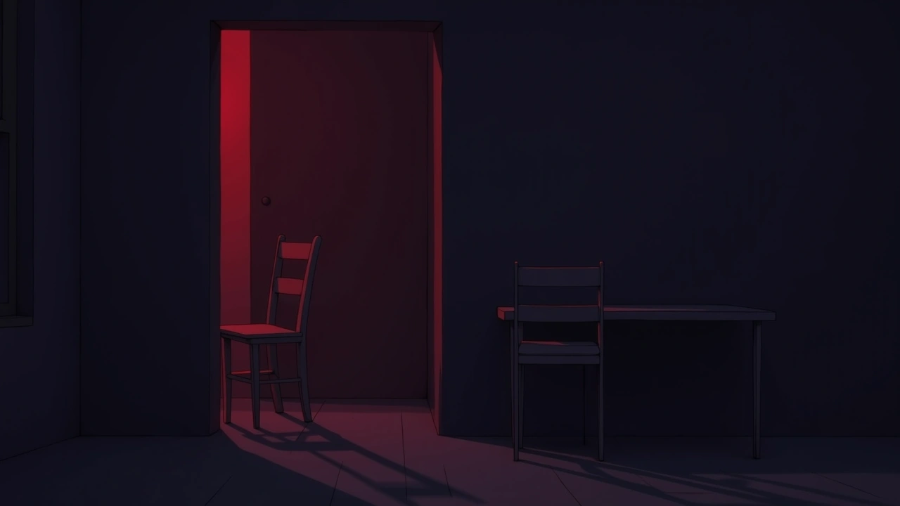 Illustration: a wooden stool beside a table in a dim room, red light on the walls.