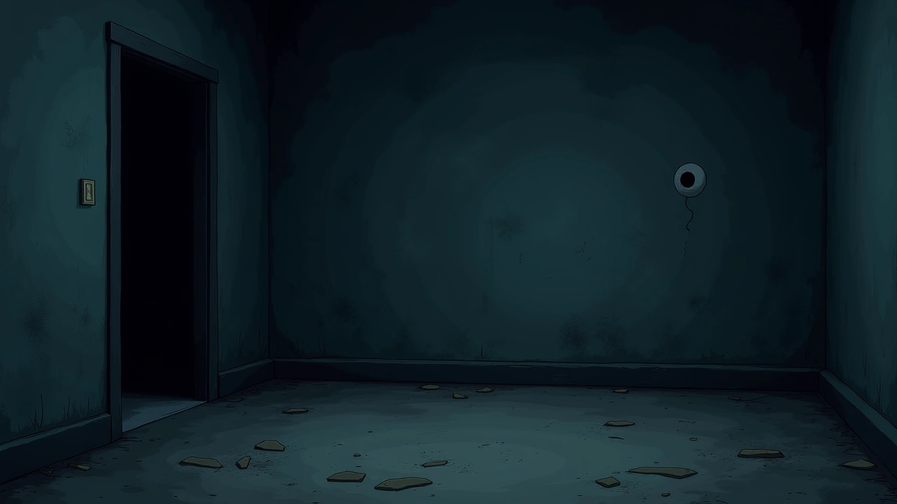 Illustration: A dark corner of an old, weathered building at night.