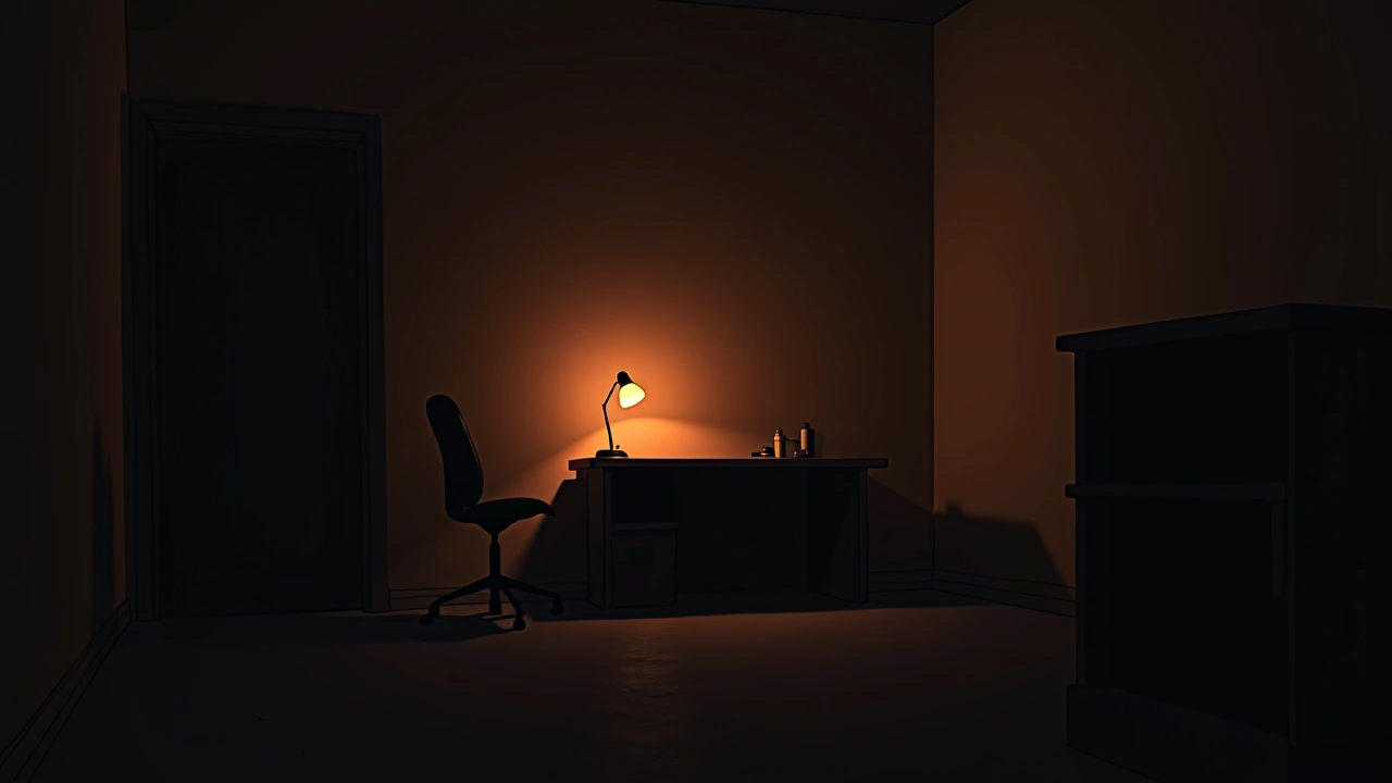 Illustration: a dark empty office at night with a single desk lamp still on.