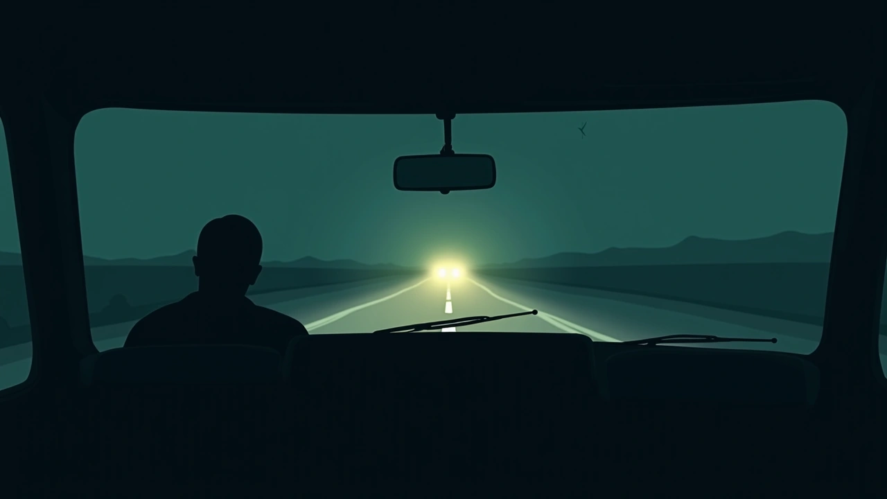 Illustration: a truck cab at night, headlights on an empty highway ahead.