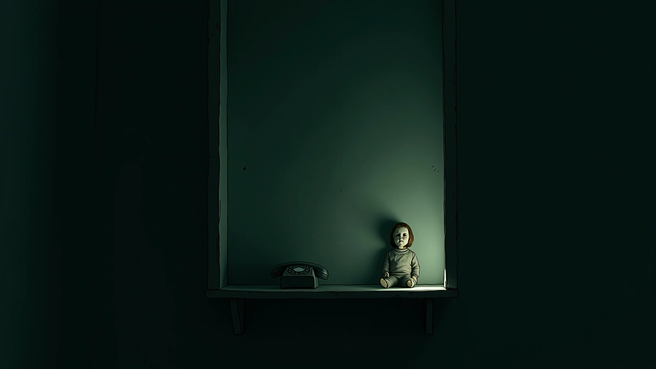 Illustration: An old porcelain doll sitting alone on a shelf in a dim room, a phone glowing nearby.