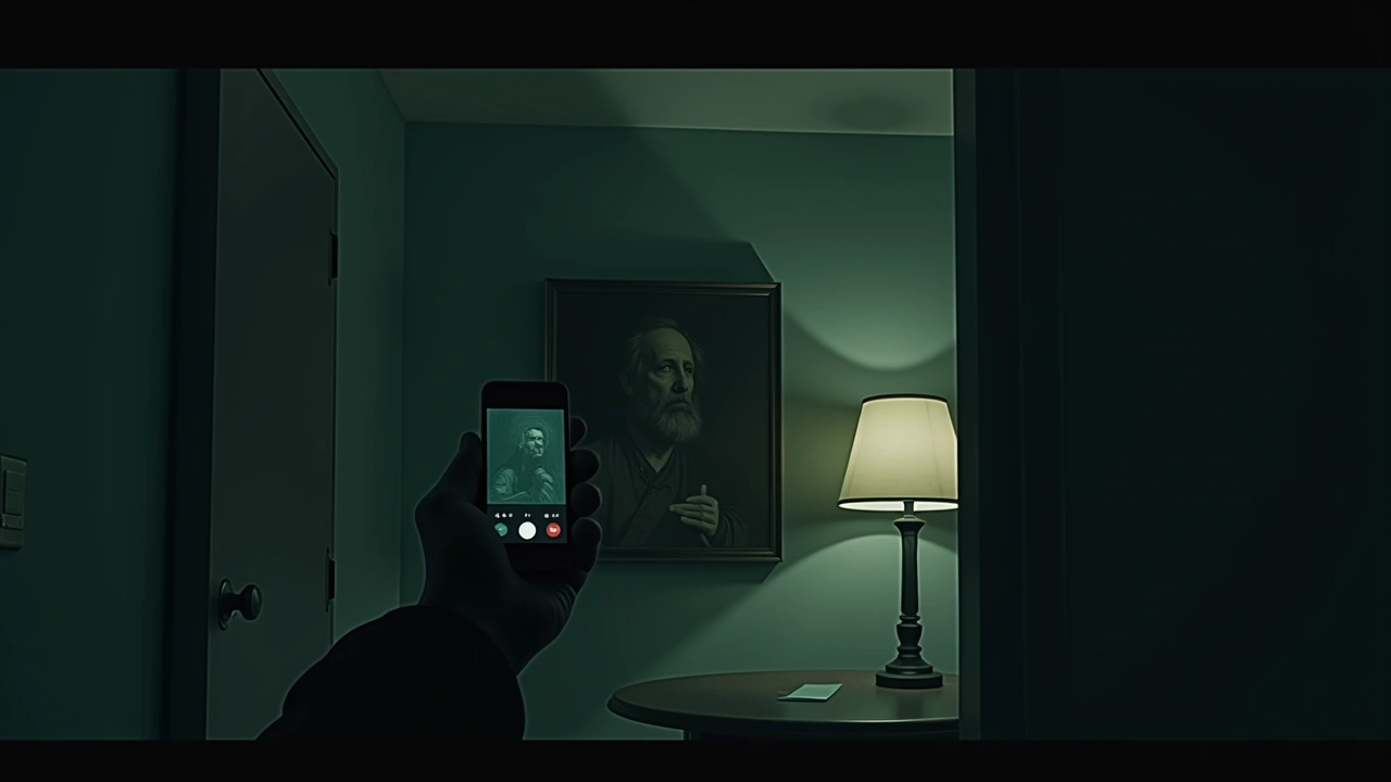 Illustration: an old oil painting on a wall, a phone held up before it in soft lamp light.