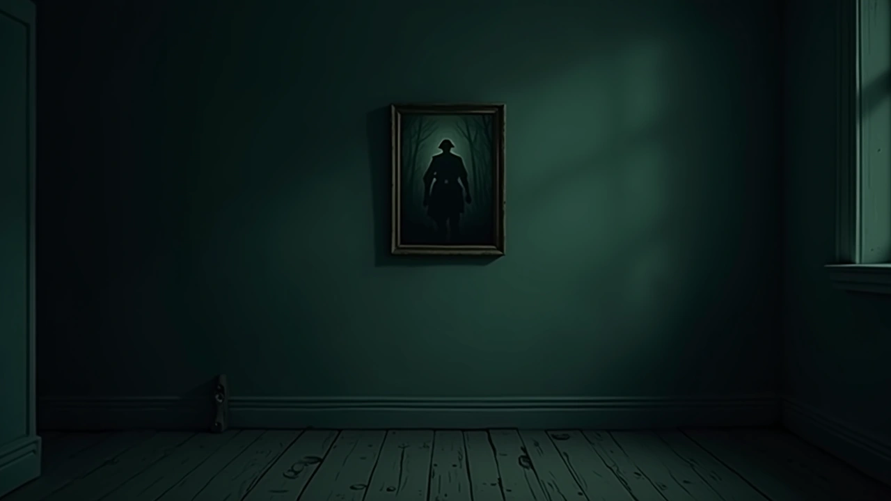 Illustration: An old framed painting of a soldier hanging on a dim living room wall.
