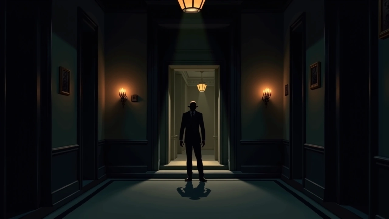 Illustration: A grand, dimly lit hotel lobby at night with prohibition-era decor.