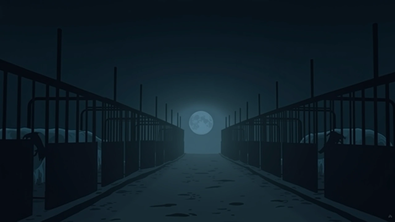Illustration: a quiet barn interior at dusk, rows of empty stalls.