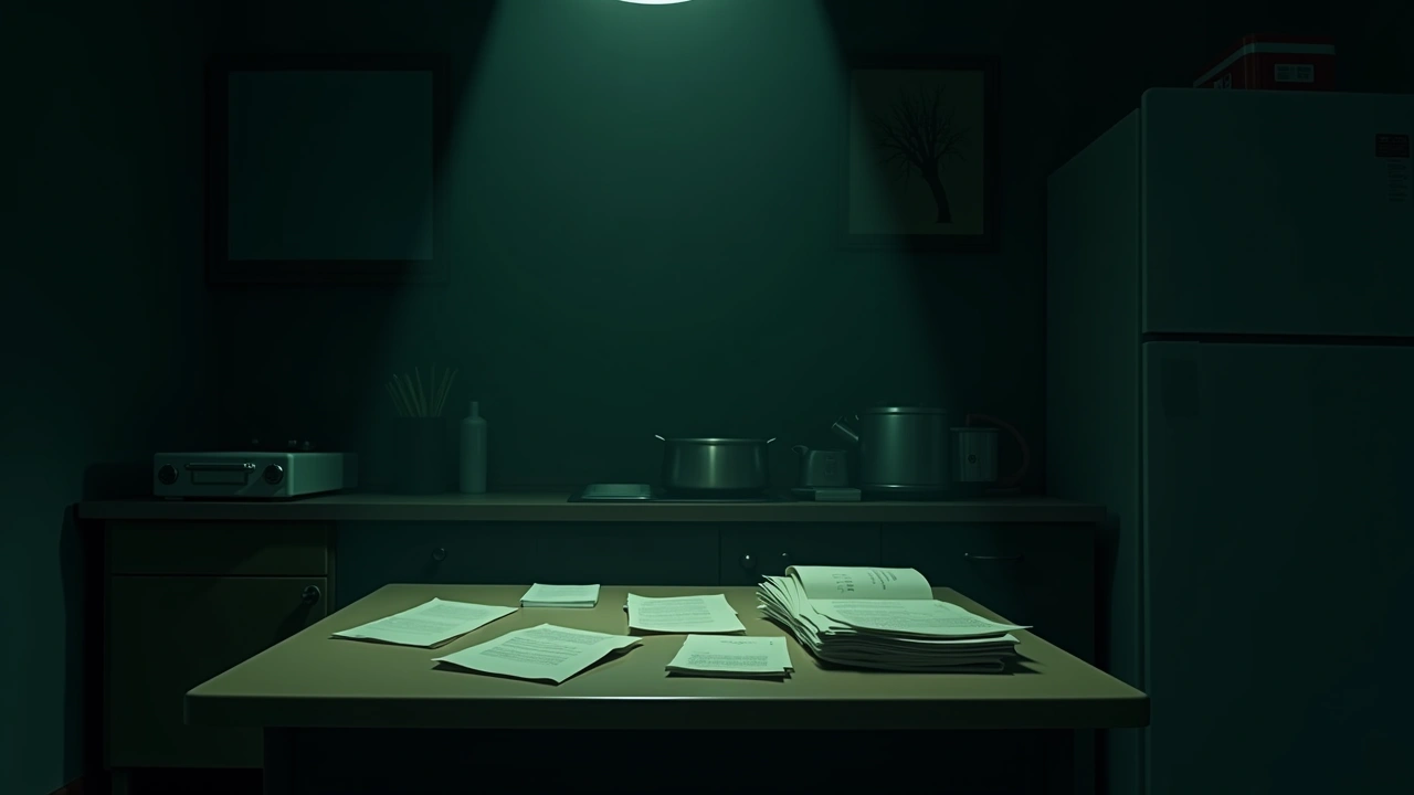 Illustration: a stack of old paperwork and documents spread across a kitchen table, softly lit.