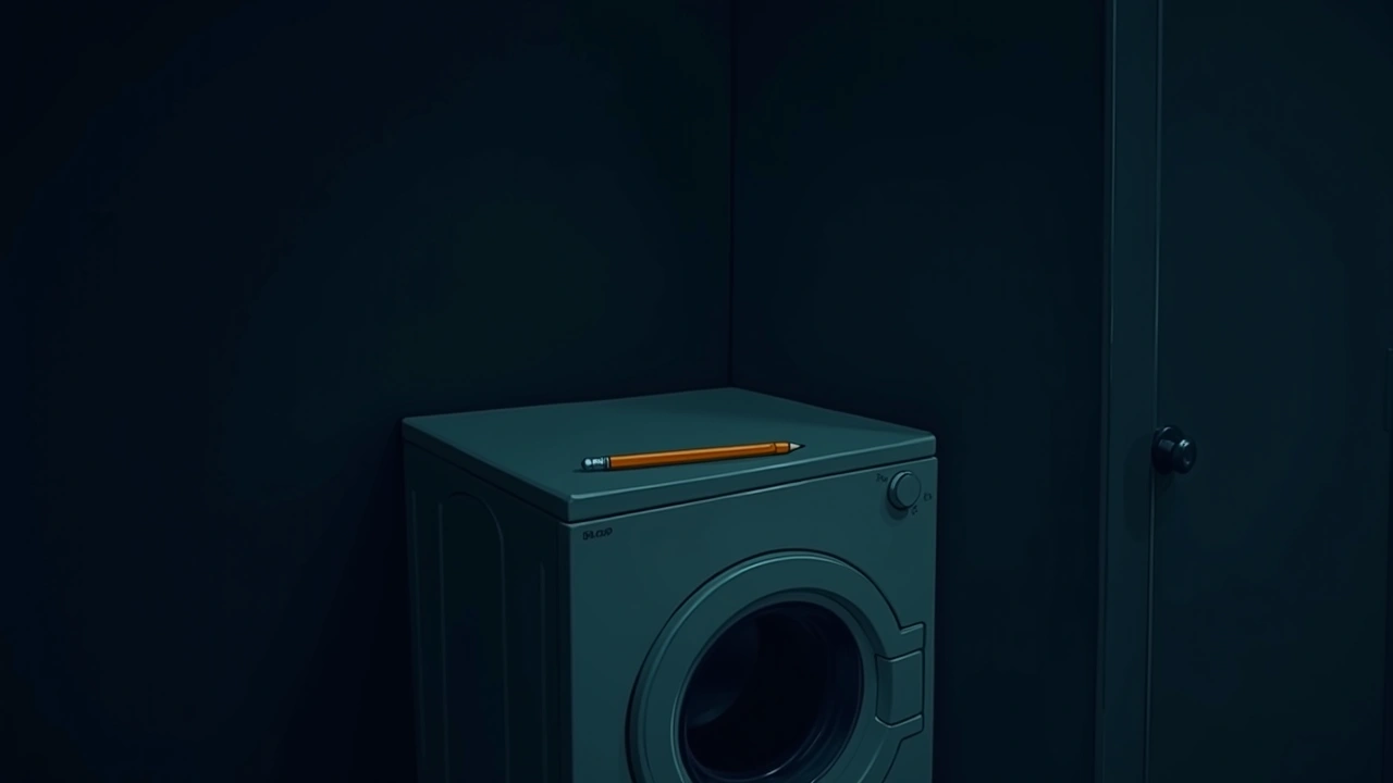 Illustration: a laundry room at night, a pencil resting on top of a clothes dryer.