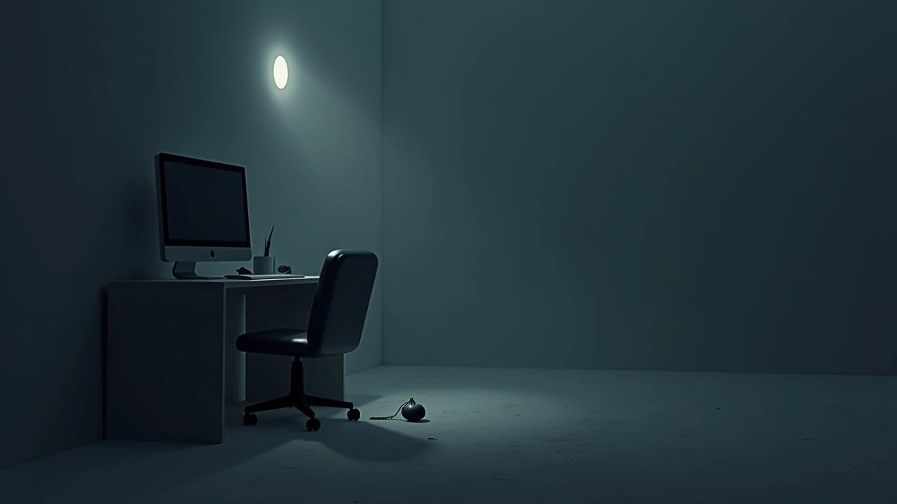 Illustration: a small pendant tucked beneath a chair beside a computer desk.