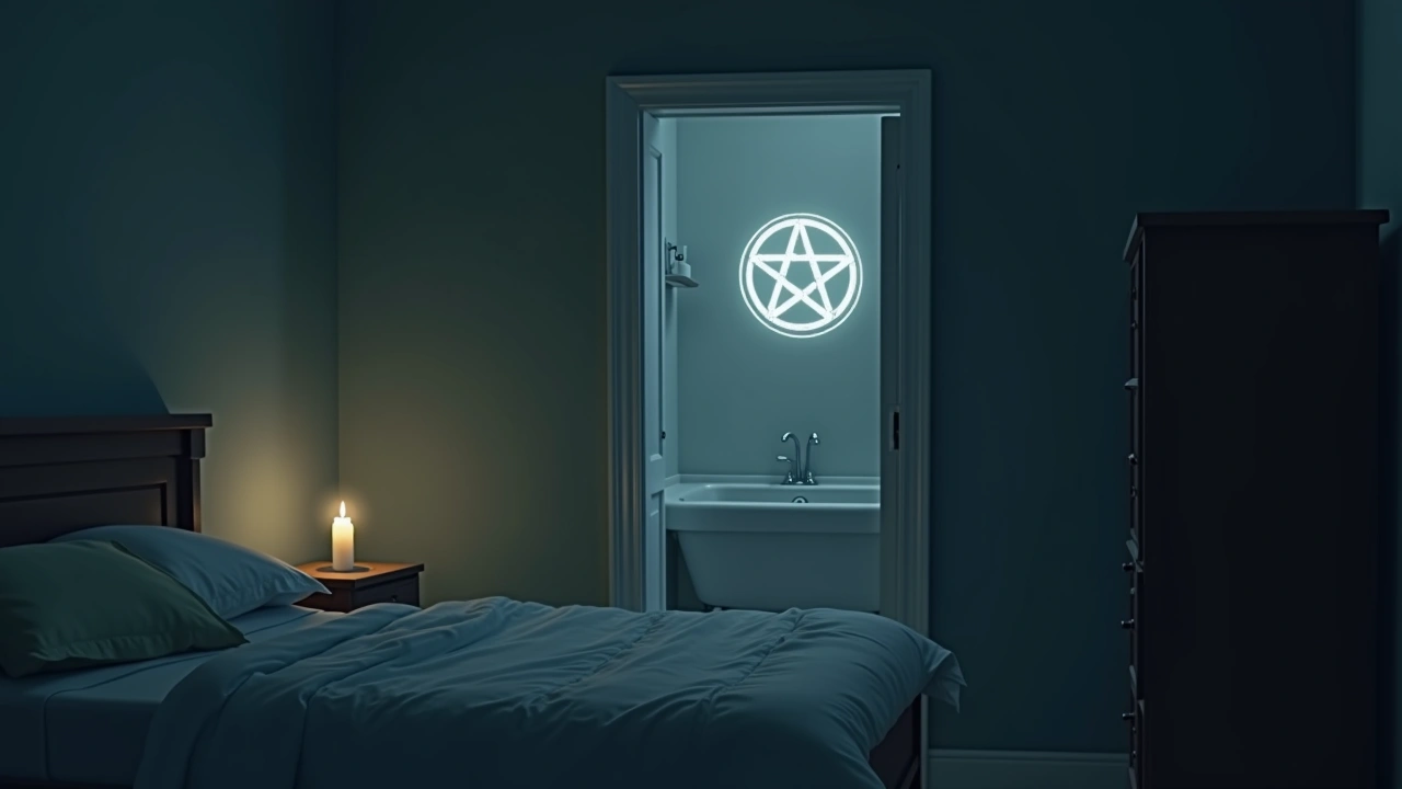 Illustration: A cold, dim bedroom lit only by candlelight, with a faint pentagram etched into a fogged bathroom mirror in the background.