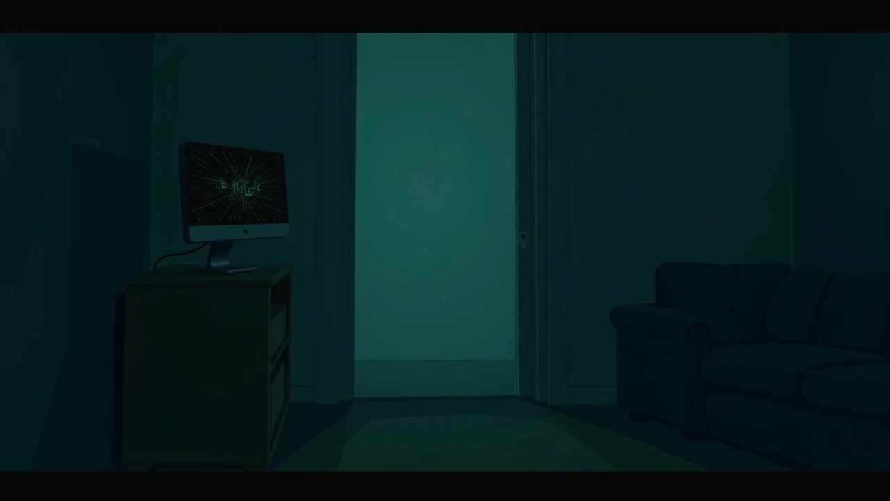 Illustration: A phone screen flickering with static in a dim living room.