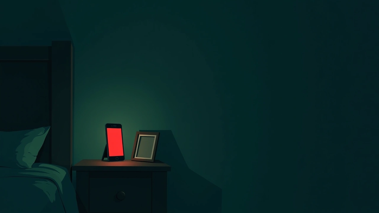 Illustration: a phone glowing red on a nightstand beside a framed photo, in a dim bedroom.